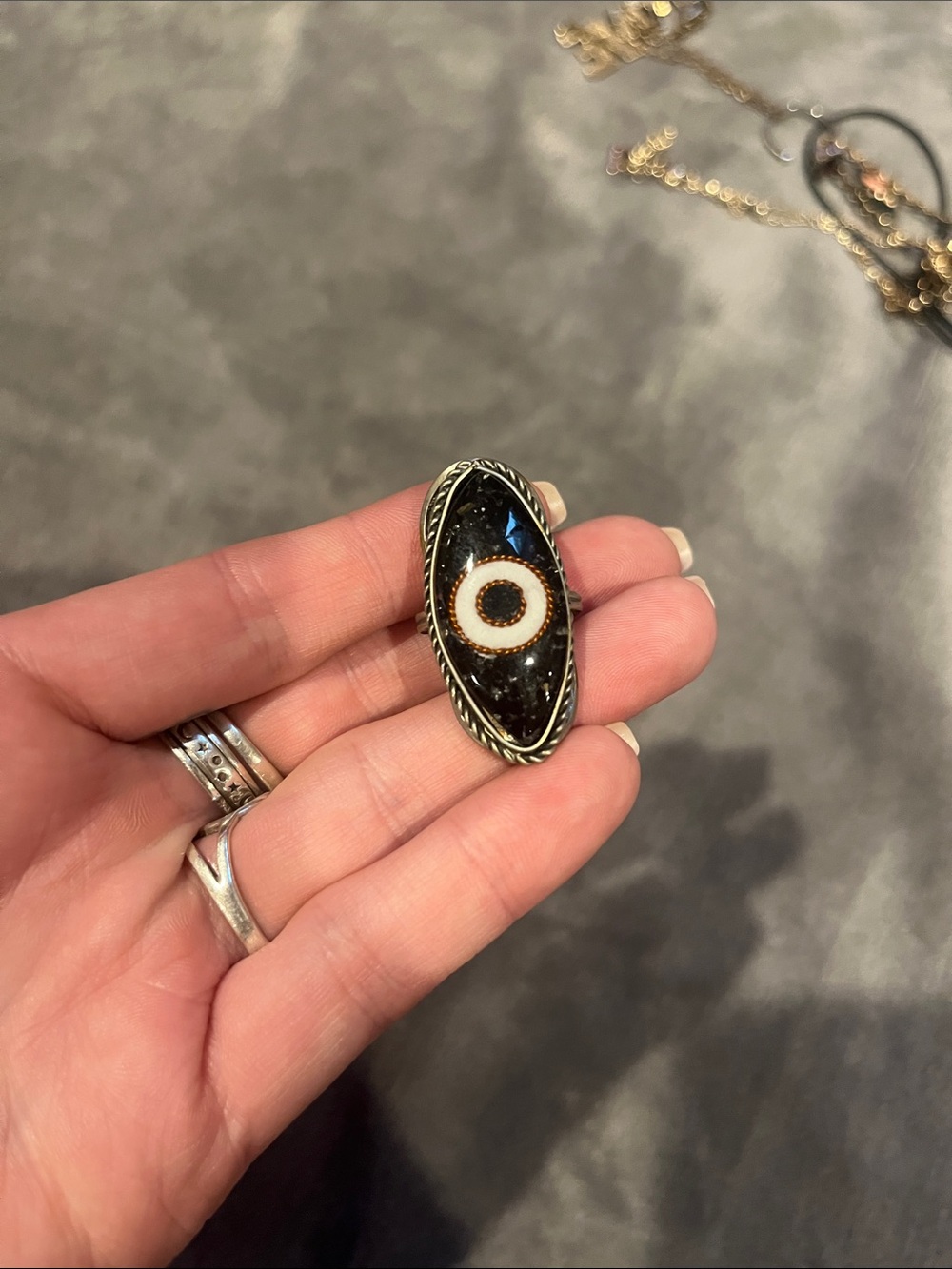 Black and White Oval Statement Ring - Silver Tone